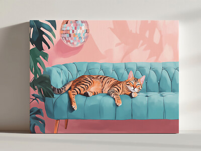 Tabby Katze Discokugel Leinwandbild Wandbild, süß schrullig skurril Kunstdruck