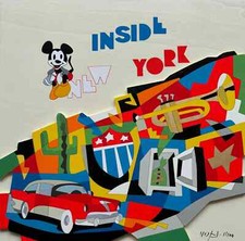 Ugo Nespolo - Inside New York  50x50 cm Serigrafia Materica su Legno pop art