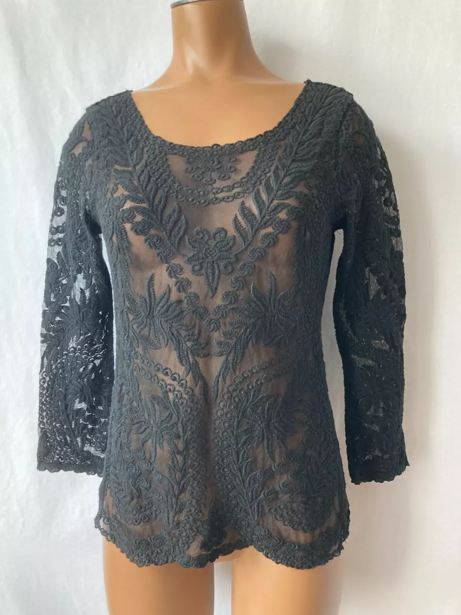 Express Women s XS Black Embroidered Sheer Lace Mesh Top Blouse Long Sleeve