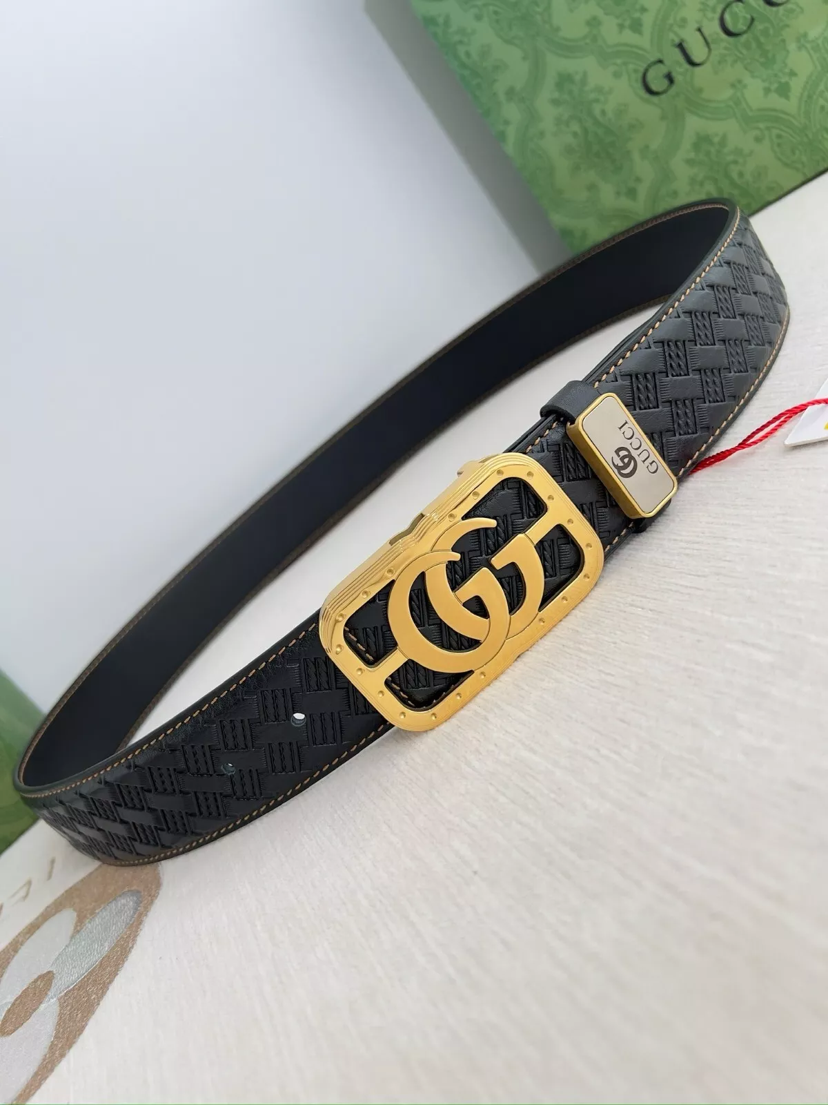 GUCCI GG 24k boucle acier pur or 3,8cm ceinture homme cuir plaid noir 90/36