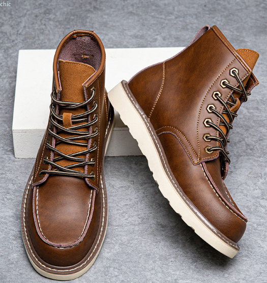 Leather Fashion Men's Shoes Autumn Winter Retro Boots Plush Warm