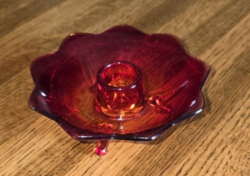 VTG Fenton Amberina Ruby Red Lotus Flower 3 Footed Pedestal Candle Holder Flame - Picture 2 of 14