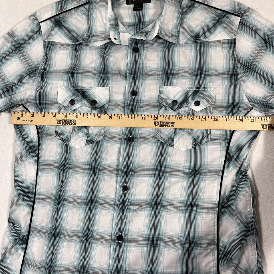 Camisa occidental Helix azul a cuadros para hombre - Grande calce atlético Rockabilly vaquero Foto 3 de 4