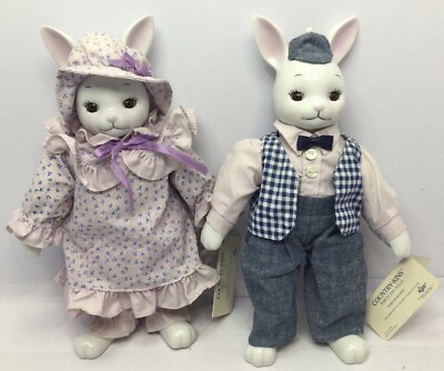 Vintage Russ Country-Kins Porcelain Easter Bellinda and Barton Bunny Dolls 1990