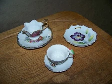 2 Miniature Tea Cup & Saucer Set w/Bird & 1 small hanging Plate Made in Japan