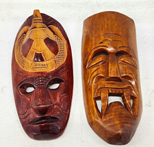 Vintage Hand Carved Wooden Tribal Masks Lot of 2- 1960 Tahiti Fiji- Folk Decor