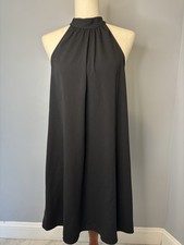 Nine West Med Black Halter Dress Flowy Minimalist Whimsy Goth Baby Doll Pockets