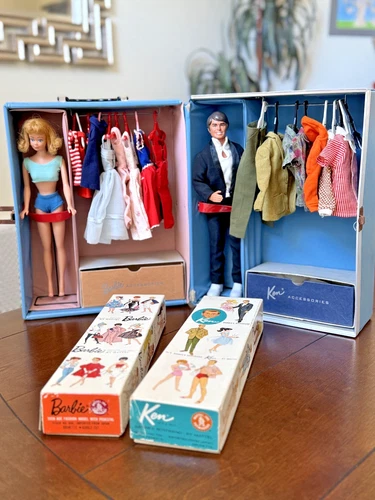 Mattel Barbie and Ken 1960's Case, clothes, accessories, Ken and Midge doll.