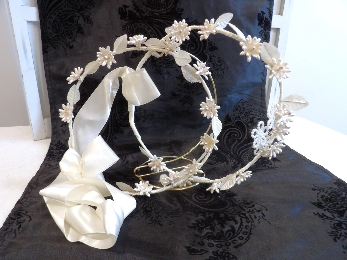 Greek Orthodox Vintage Wedding Stefana 2‎ White Faux Pearl Bridal Tiara Crowns Greek Stefana - Orthodox Wedding Crowns with Porcelain  main image 2