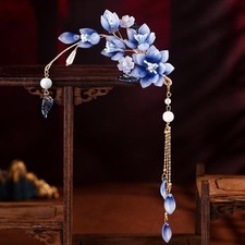 Flower Hair Clip, Tassel Hair Ornament, Chinese Hanfu Classic Style Blue