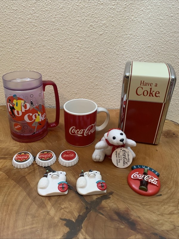 Lot Of 10 Coke 1995, COCA COLA MUG, Plastic Pop Coke, 6 Magnets, Bean Bag Mag.