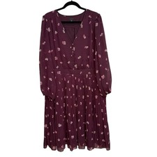 Ann Taylor Plus Burgundy Floral Pleated Midi Romantic Flowy Holiday Dress Sz 18