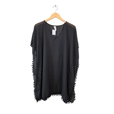 West Loop Black Sheer Pom Pom Trim Swim Cover Up OSFM NWT Beach Kaftan
