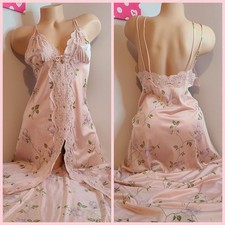 Vintage Silky Nylon  Lace Long Maxi Slip Dress Size M Pink Floral