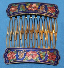 Vintage Pair Of Cloisonne Blue With Roses  Butterfly Metal Hair Combs Gold Tone