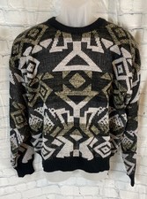 Expressions 1980s Vintage Geo Sweater Rare Men  s Size L V Black Gray Green Knit
