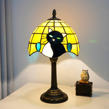 Tiffany Stained Glass Table Lamp 8in Black White Cat Nightlight Bedroom Decor
