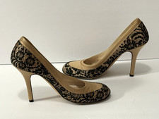 Vintage Dior Nude Satin Black Lace Trim Stiletto High Heel Pumps Size 38