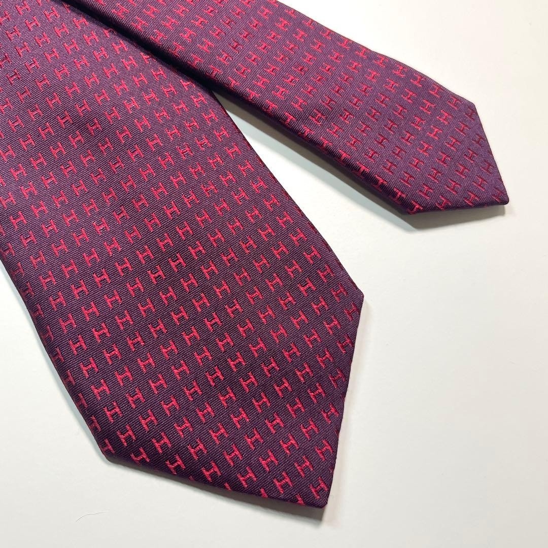 Hermès Fassonné H Pattern Tie Bordeaux Men's Luxury Silk Used thumbnail 4