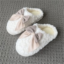 Women's White Pink Gray Faux Fur Slip-On Slippers Bow Accent Lined Cushioned