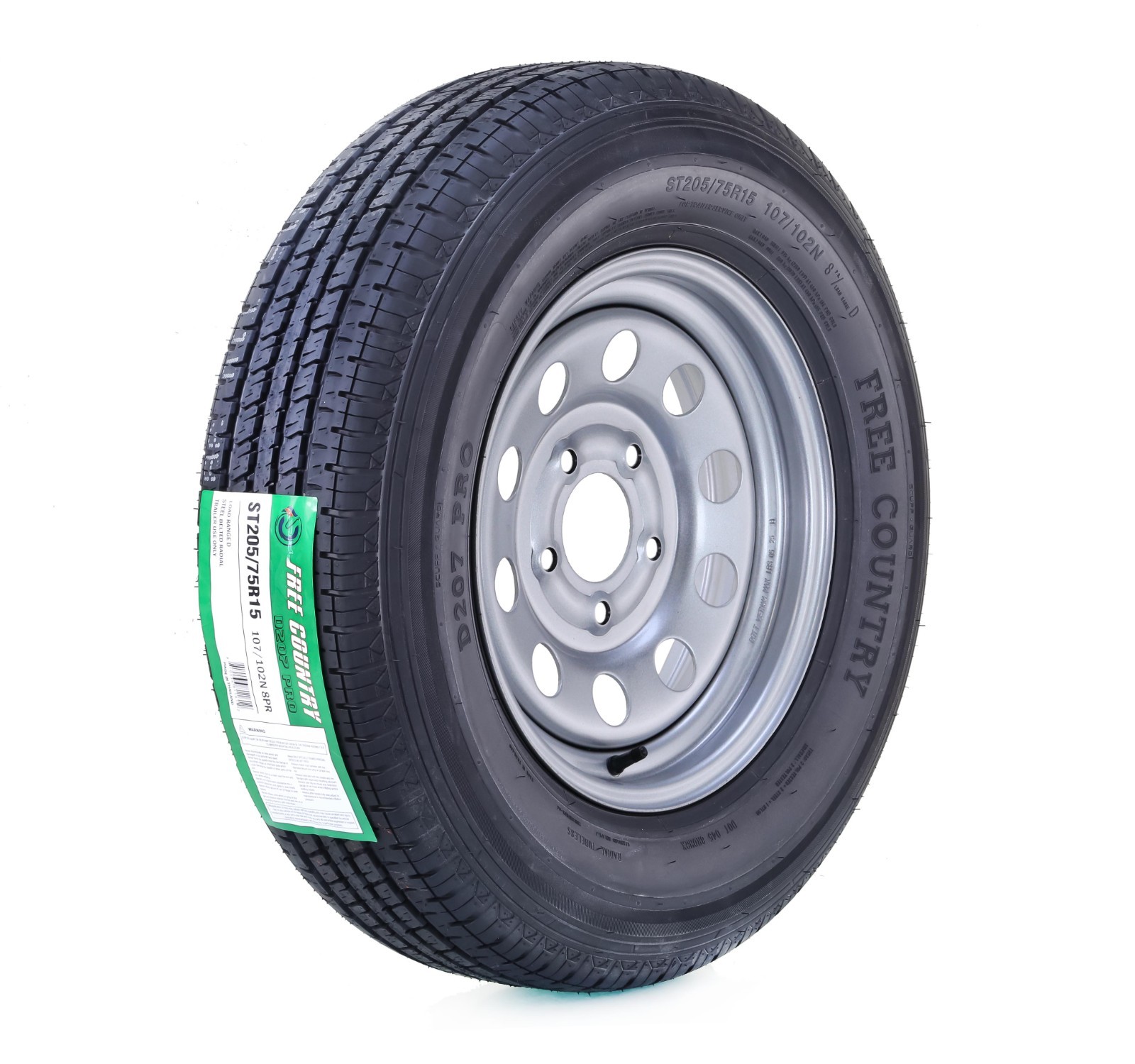 Free Country Trailer Tire Assembly ST205/75R15 8-Ply Silver Mod Rim 5 Lug on 5"