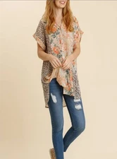 Umgee Floral and Leopard Print Sheer Mini Button Down Top Small