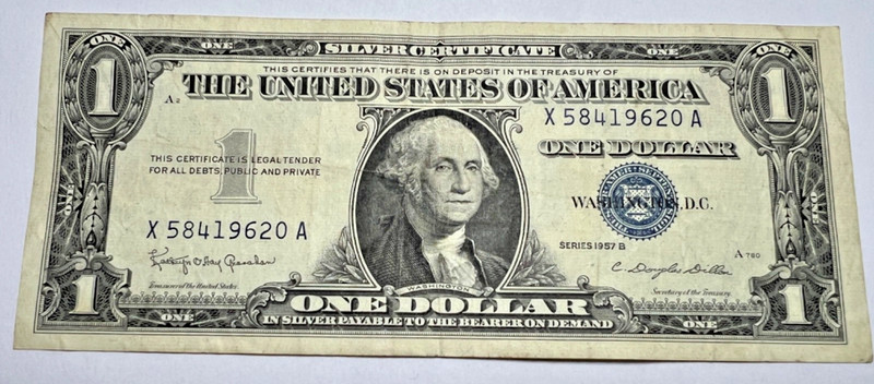 USA $1 1957 X 58419620A# SILVER Certificate Dollar BLUE Seal Money America