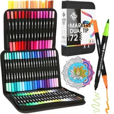 72 Dual Tip Markers Set with Case – No-Bleed Coloring Markers for Adults - Ar...