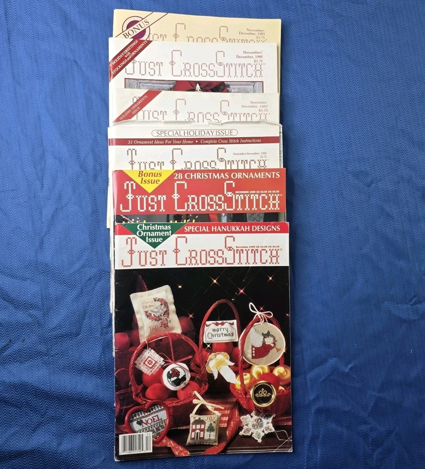 Lote de revistas navideñas Just Cross Stitch 1985-1990 noviembre diciembre conjunto de adornos vintage Foto 4 de 4