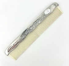 Vintage Silver Plate Hair Comb Celluloid Vanity Dresser Accessory Flowers Roses