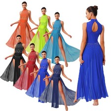 Womens Dancewear Training Dress Leotard Dresses Costume Rhinestone Latin Dance