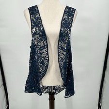 Y2K Womens Boho Festival Open Knit Crochet Lace Vest Size L Hippie Navy Blue