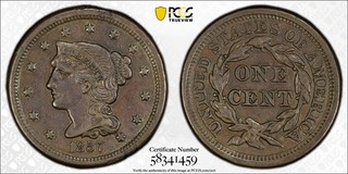 1857 Small Date Braided Hair Large Cent PCGS AU53 Gorgeous Glossy Brown