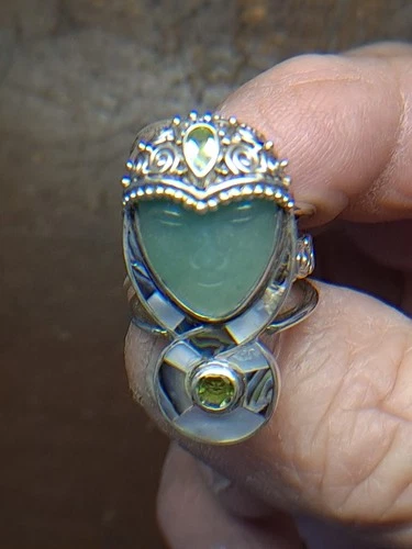 Sajen 925 Sterling Silver Carved Green Goddess Multi-Stone Ring, Adjustable Size