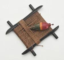 Vintage Wooden Fishing Hand Line Winder Rig with R/Y/G Painted Wood Float