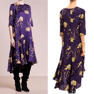 Max&Co. Purple Floral Shift Midi Dress Hi Lo Ruffle Skirt Sz XS S ? Half Slv