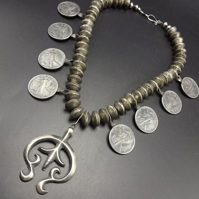 OLD Mercury Dime and 50¢ Standing Liberty COIN SILVER Necklace CAST NAJA