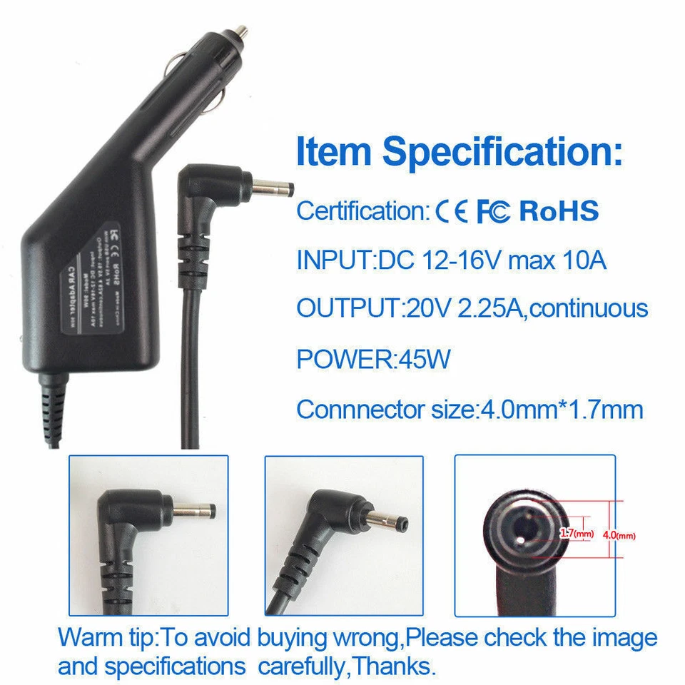 Adaptador Cargador Coche 45W 20v 2.25A DC para Portátil Lenovo Yoga 710-11ISK 80TX Foto 4 de 4