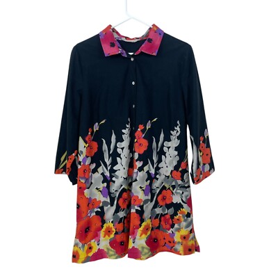 Soft Surroundings Floral Tunic Shirt Dress Size L Black Red Poppy Sequin Cotton