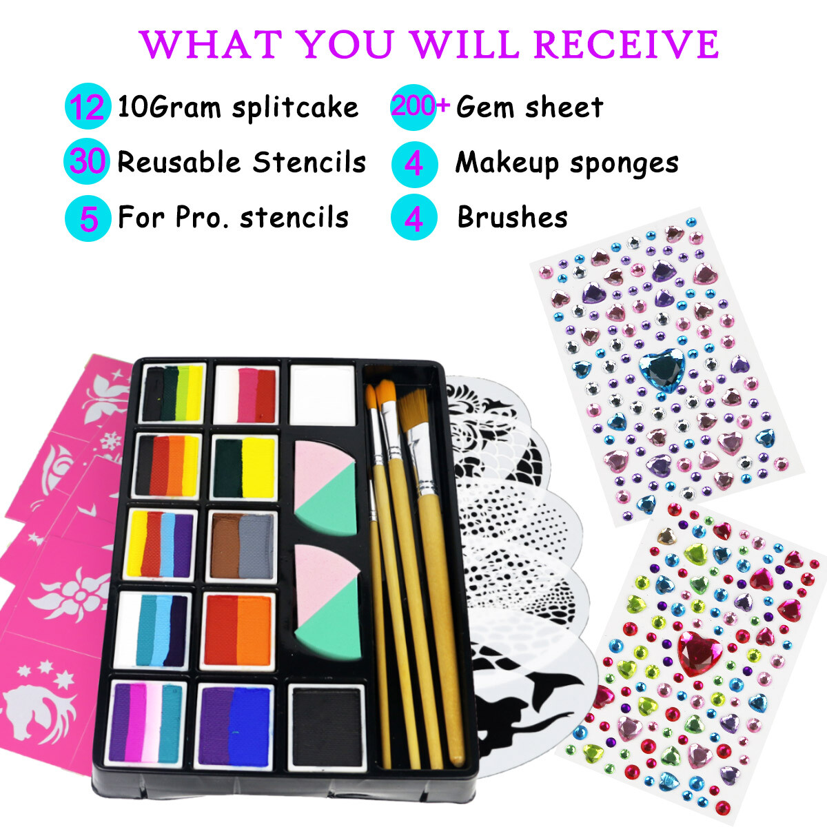 Bowitzki Face Paint Full Kit Split Cakes Palette Water Based Practice Boards Set image 3