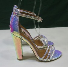 new METALLIC Silver 4.5"BLOCK Heel  Ankle Strap Shoes WOMEN Size 5.5