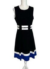 Calvin Klein Black White Blue Sleeveless Fit & Flare Dress Belted Colorblock 6