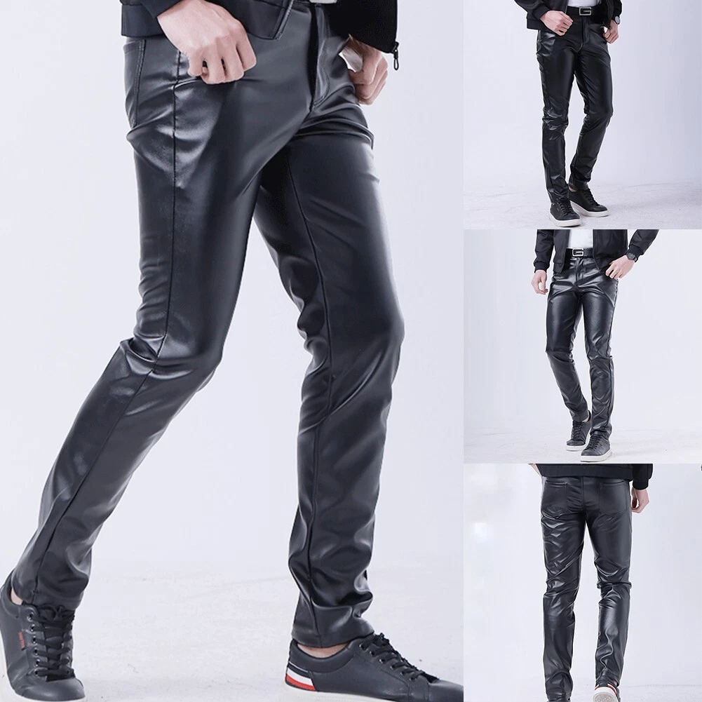 Leather Jeans Men Party Clubwear Pant Wet Look Winter Zip Leather Mens