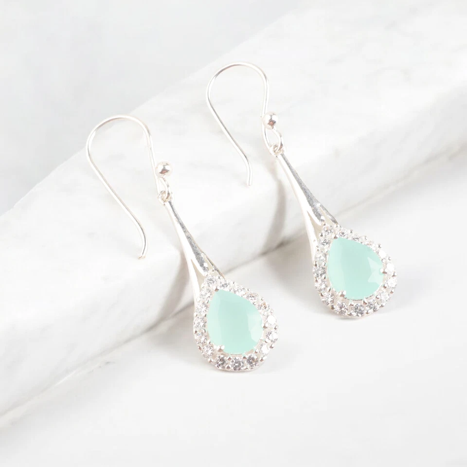 Cubic Zirconia & Aqua Chalcedony Gemstone Dangle 925 Sterling Silver Earrings - Image 4 of 4