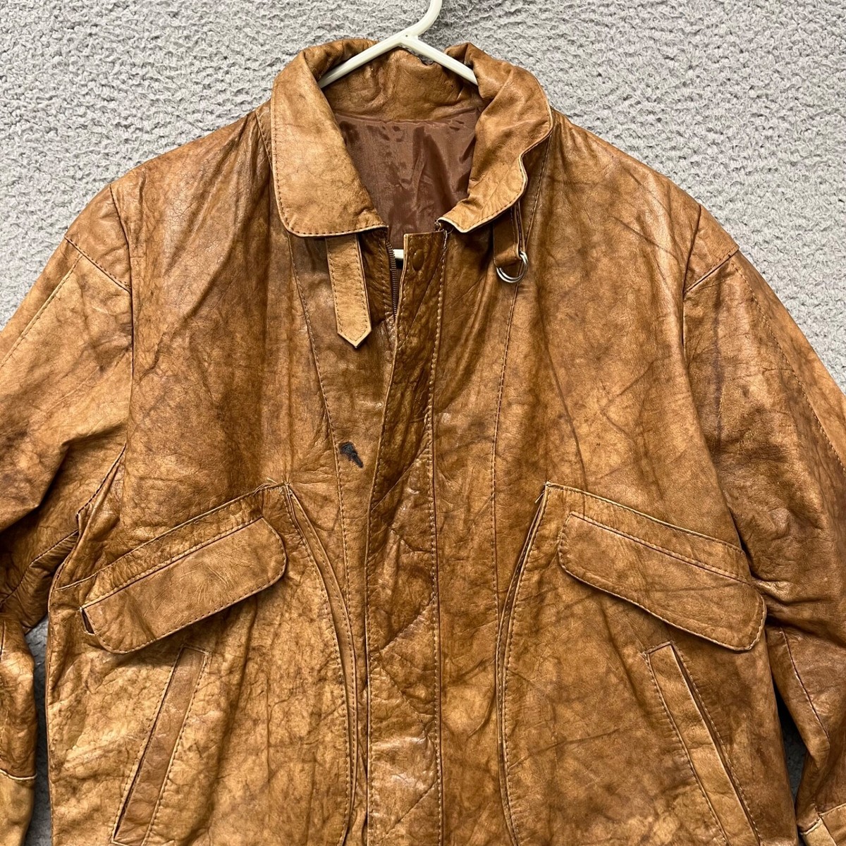 Vtg Leather Bomber Jacket Mens 44 Chin Strap Biker Grunge