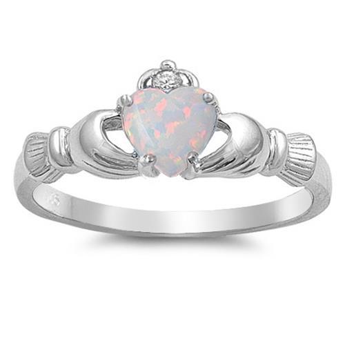 925 Sterling Silver White Opal Lab Created Claddagh Heart Ring Band Size 3-13