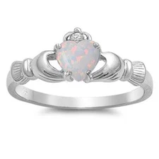 925 Sterling Silver White Opal Lab Created Claddagh Heart Ring Band Size 3-13