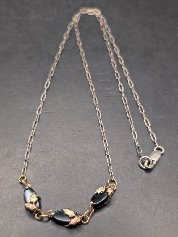 🔥 10K BLACK HILLS GOLD Onyx BAR PENDANT STERLING SILVER CHAIN NECKLACE SIGNED