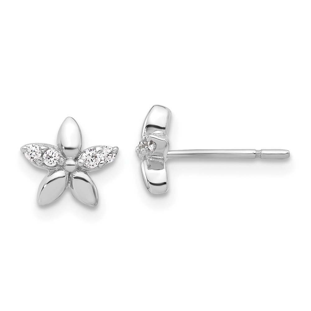 Sterling Silver Rhodium-plated Cubic Zirconia Flower Post Stud Earrings L-7.8 mm