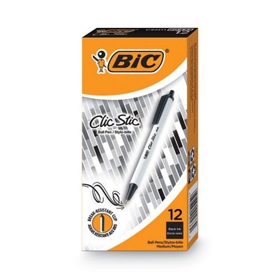BIC Clic Stic Ballpoint Pen, Retractable, Med 1 mm, Black Ink, Dozen